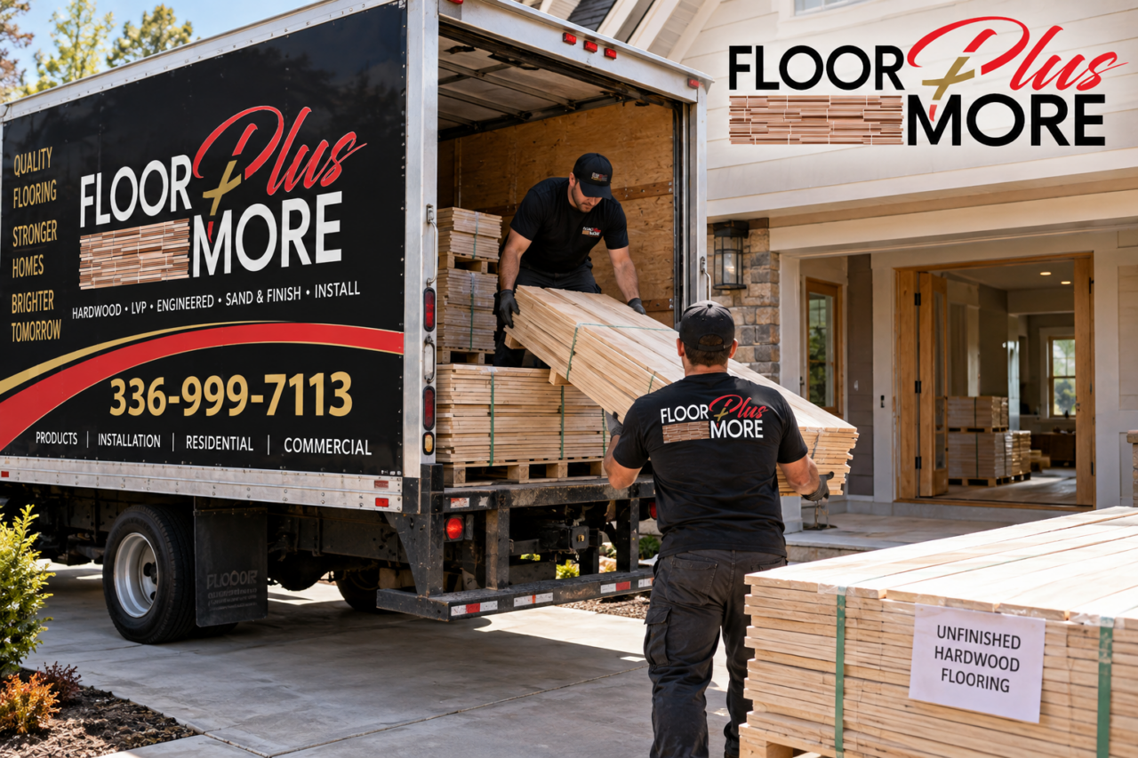 Floor Plus More crew unloading unfinished hardwood flooring from a branded delivery truck outside a home.